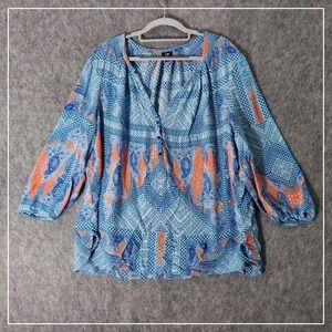 Lee Women Blouse 3X Blue Orange Paisley Geometric Henley 3/4 Sleeve Boho Peasant